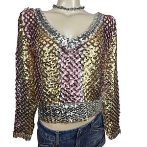 Vtg 70s Lilli Diamond Sequin Knit Top M Long Sleeve V-Neck Fairy Whimsy Disco